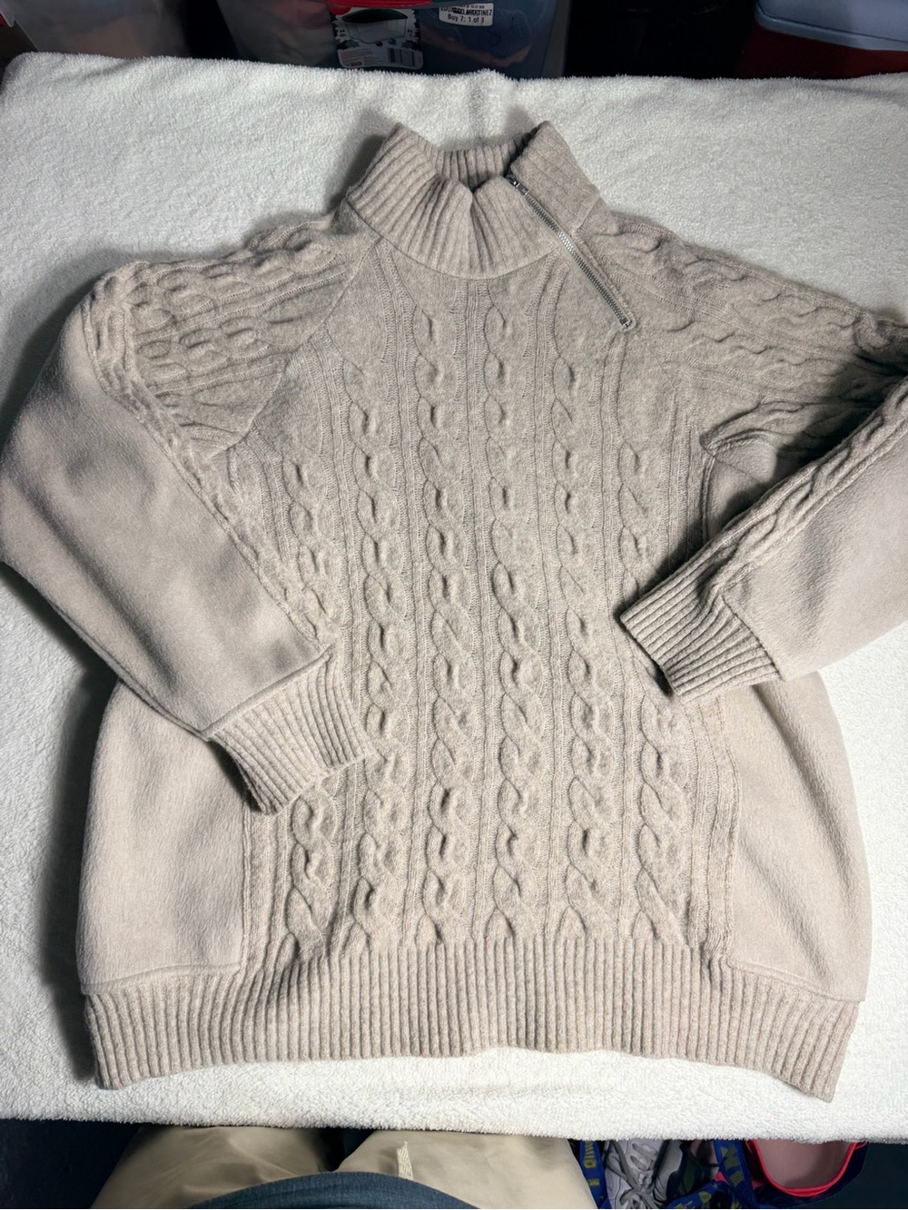 Zara Beige Cable Knit Wool Blend Mock Neck Zip Pullover Sweater Size L - Picture 2 of 5